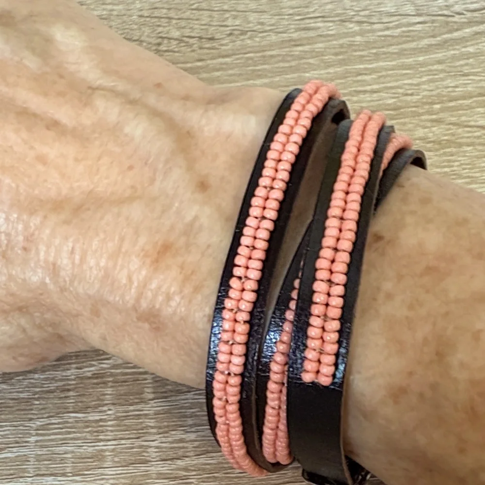 S&D Triple Wrap Brown leather coral seed bead Bracelet Adjustable buckle clasp